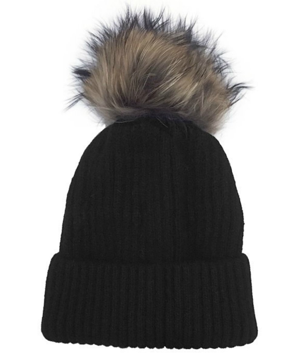 6715 Luxury Ribbed Knit Genuine Fur Pom Pom Hat - Black